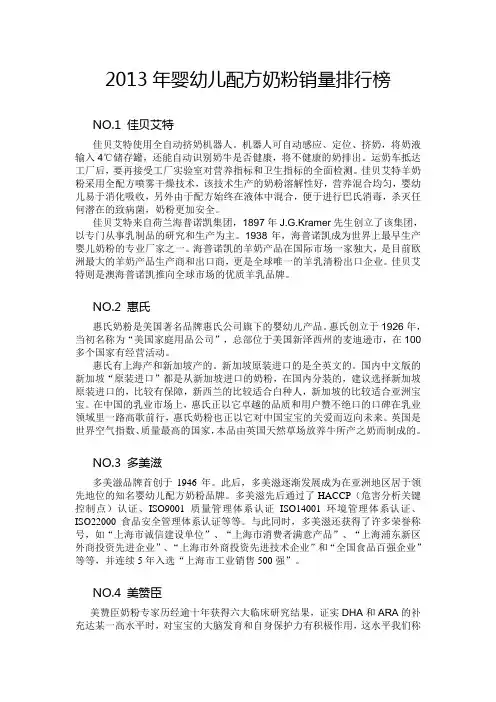2013年婴幼儿配方奶粉销量排行榜