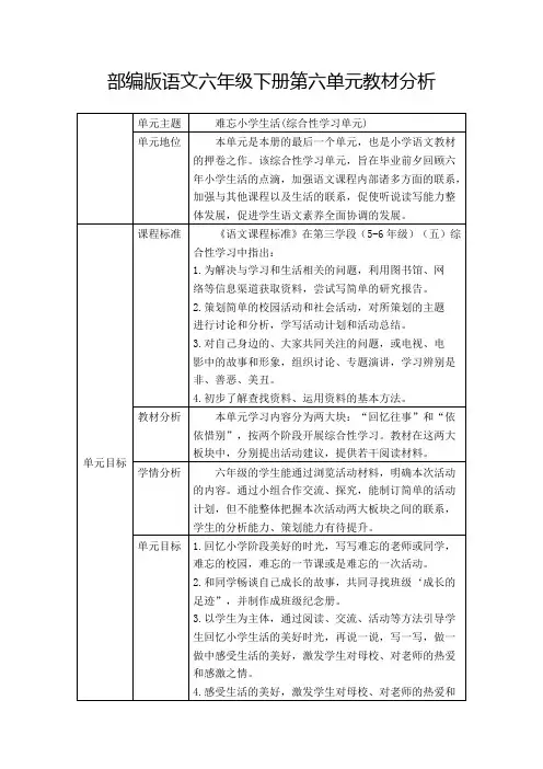 部编版语文六年级下册第六单元教材分析