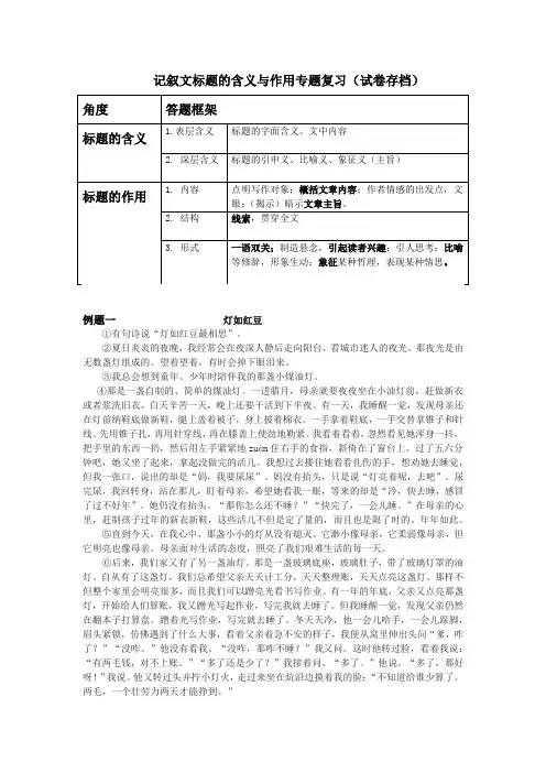 中考记叙文标题的含义和作用专题训练