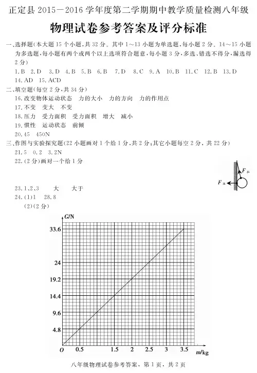 河北省石家庄市正定县2015-2016学年八年级物理下学期期中教学质量检测答案 新人教版