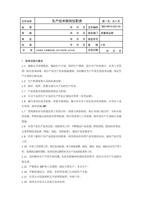 生产技术部岗位职责