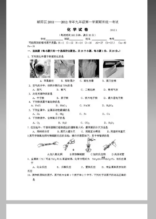 北京市朝阳区2012届九年级上学期期末考试化学试题
