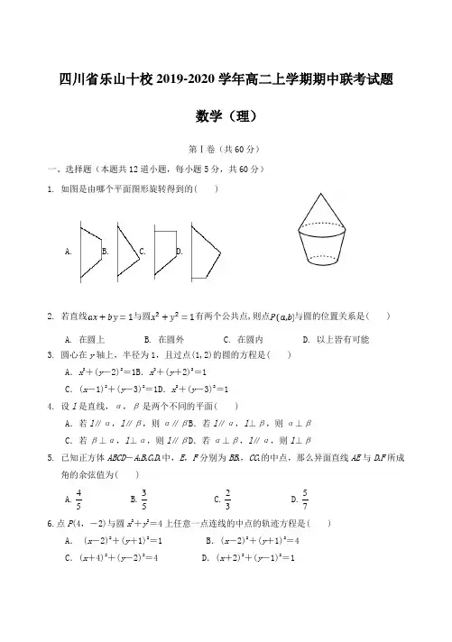 四川省乐山十校2019-2020学年高二上学期期中联考试题 数学(理) 含答案