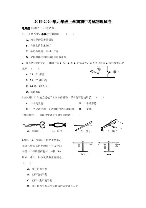 2019-2020年九年级上学期期中考试物理试卷