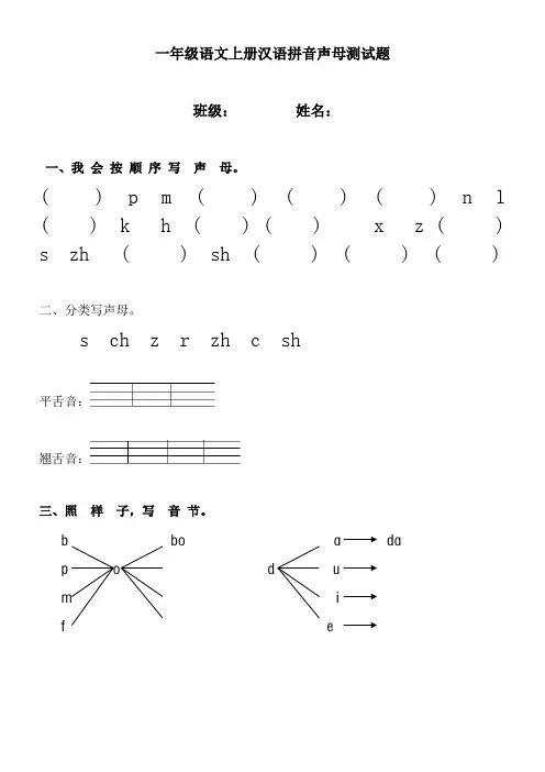 一年级语文上册汉语拼音声母测试题(1)