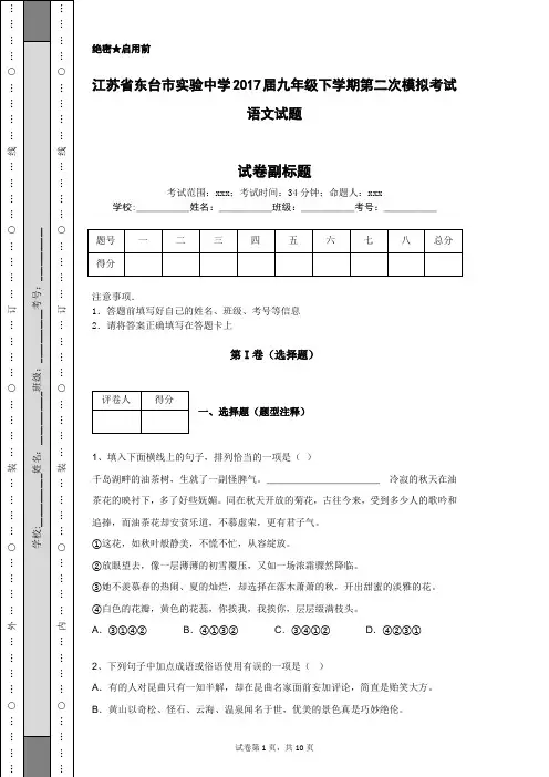 江苏省东台市实验中学2017届九年级下学期第二次模拟考试语文试题