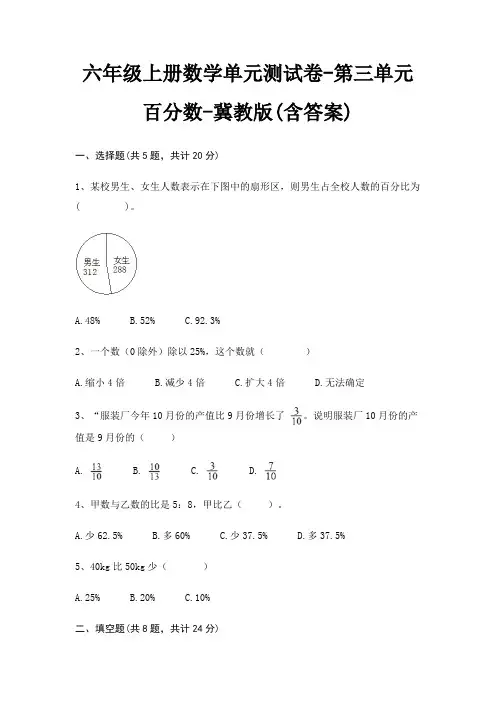 六年级上册数学单元测试卷-第三单元 百分数-冀教版(含答案) 2