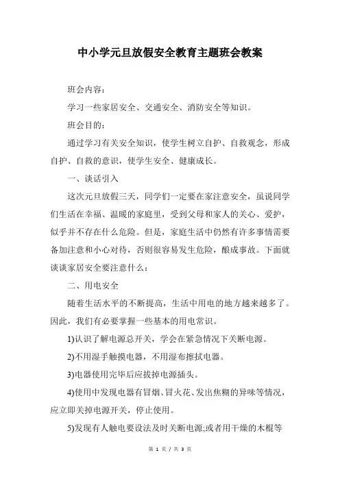 中小学元旦放假安全教育主题班会教案