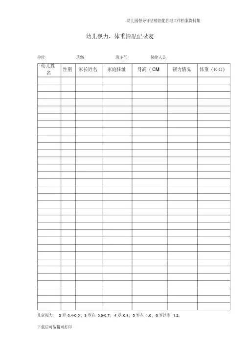 [幼儿园督导评估]幼儿视力、体重情况记录表