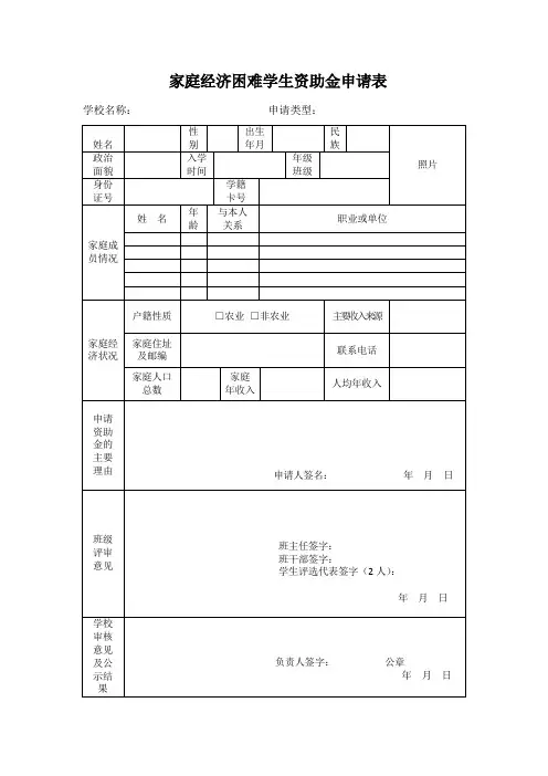 家庭经济困难学生资助金申请表