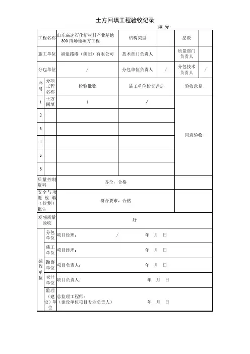 土方回填土工程检验批质量验收记录表