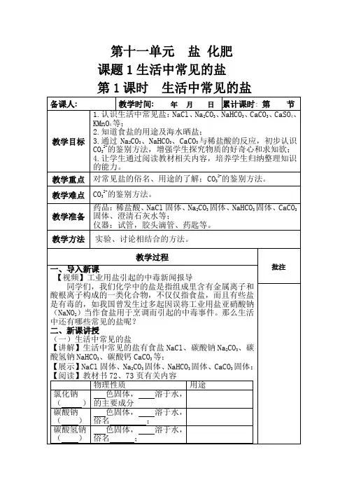 人教版九年级化学下册11.1生活中常见的盐 教案设计