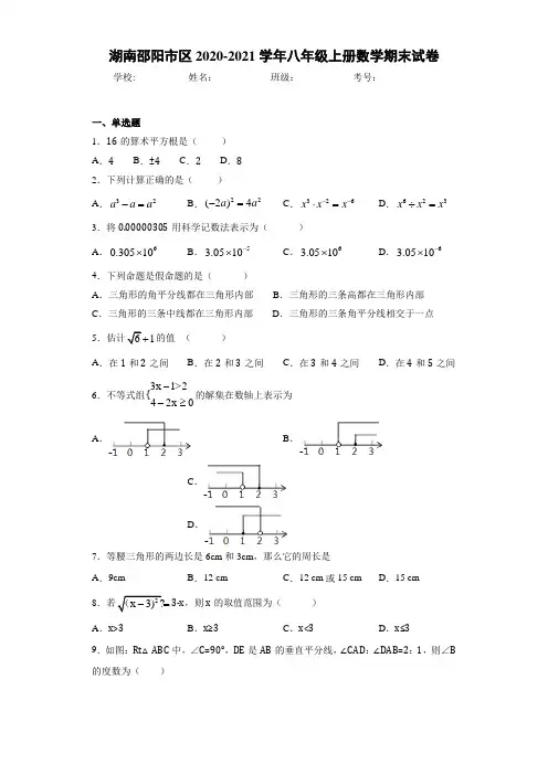 湖南邵阳市区2020-2021学年八年级上册数学期末试卷