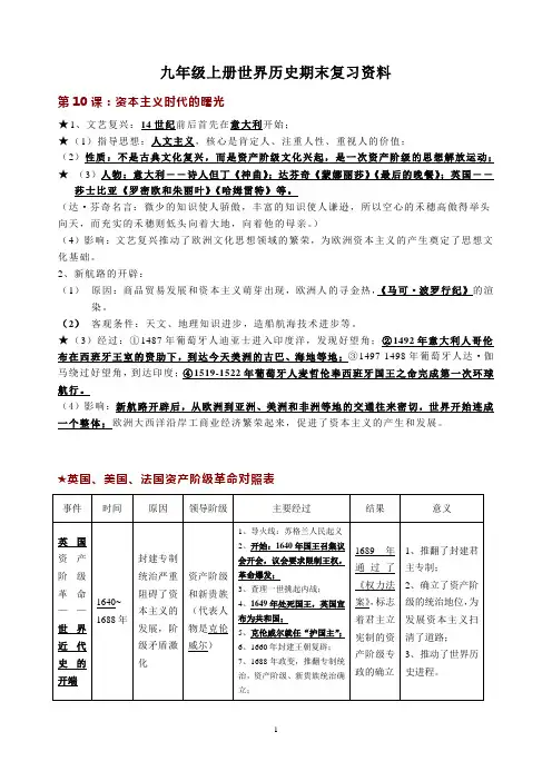 九年级上册世界历史期末复习资料