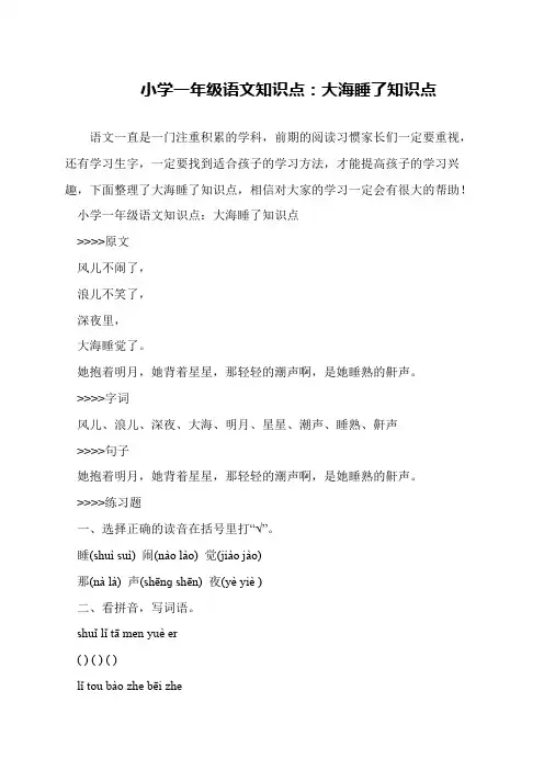 小学一年级语文知识点：大海睡了知识点