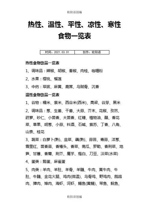 热性、温性、平性、凉性、寒性食物一览表之欧阳语创编