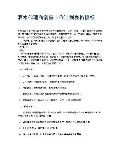 酒水代理商销售工作计划表格模板