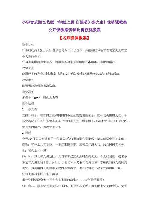 小学音乐湘文艺版一年级上册《(演唱)亮火虫》优质课教案公开课教案讲课比赛获奖教案D016