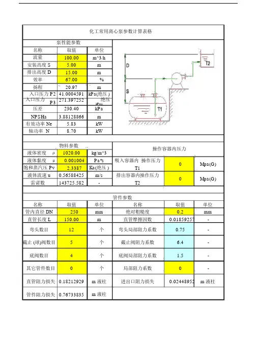 注册化工工程师必备-化工常用离心泵参数计算表格-带计算公式.docx
