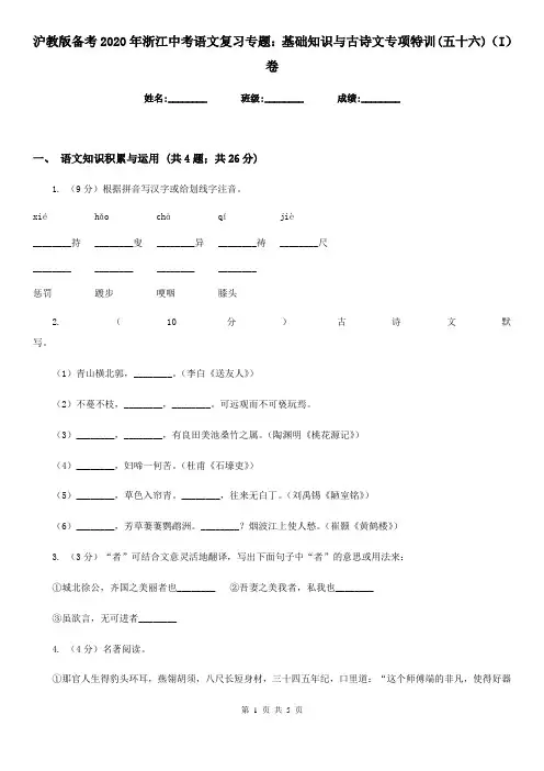 沪教版备考2020年浙江中考语文复习专题：基础知识与古诗文专项特训(五十六)(I)卷