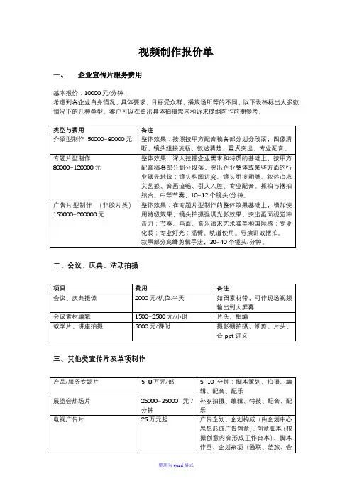 视频制作报价单Word版