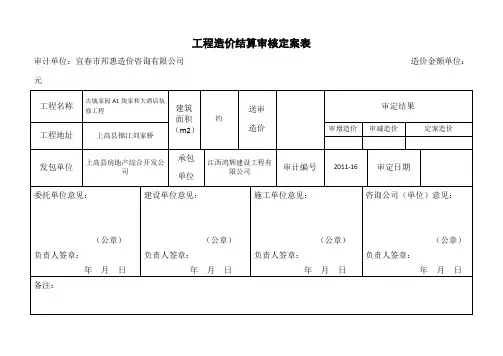 工程造价结算审核定案表