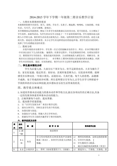 2014-2015学年下学期一年级下册音乐教学计划
