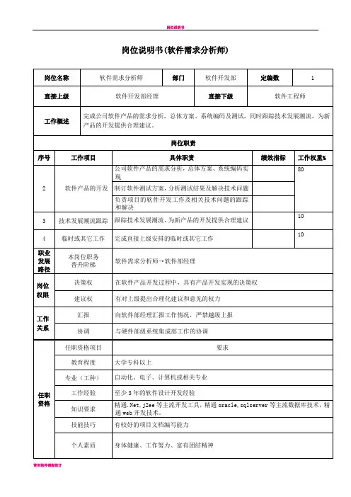 岗位说明书(需求分析师)