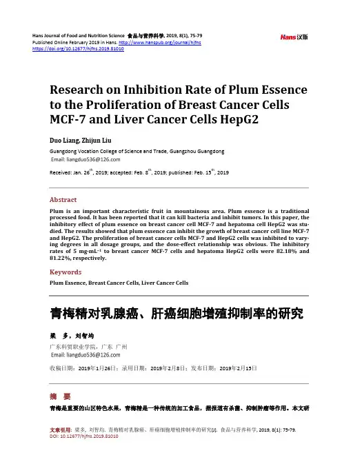 青梅精对乳腺癌、肝癌细胞增殖抑制率的研究