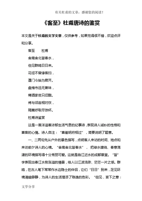 《客至》杜甫唐诗的鉴赏
