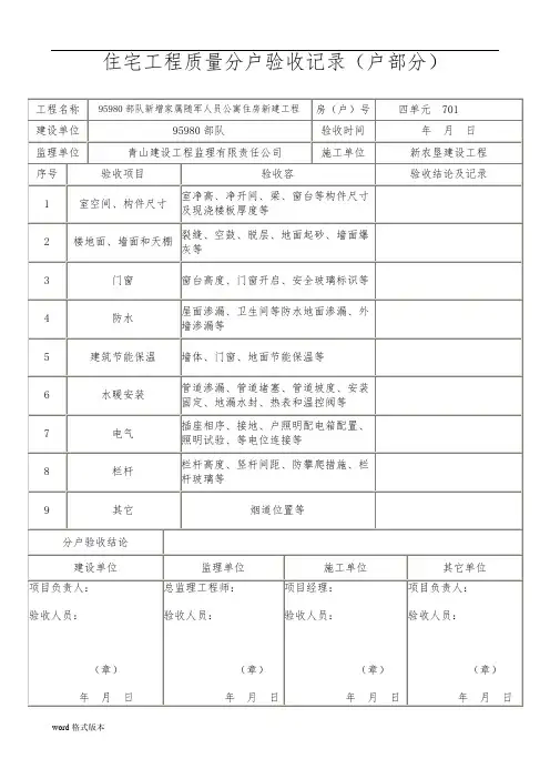 住宅工程质量分户验收记录全套表格30941