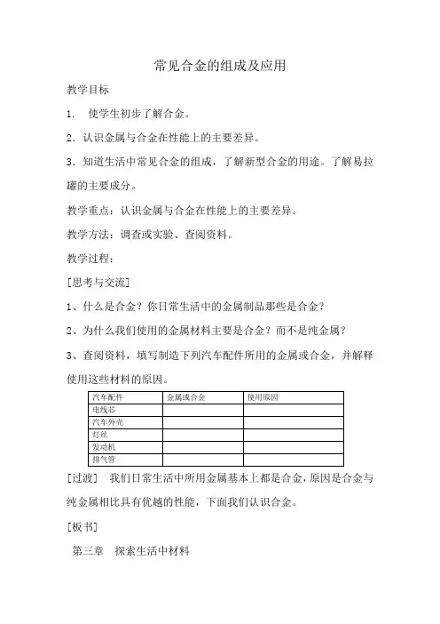 新人教版高中化学选修1常见合金的组成及应用
