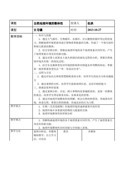 高中地理必修一教案：第五章 自然地理环境的整体性(人教版)自然地理环境的整体性2