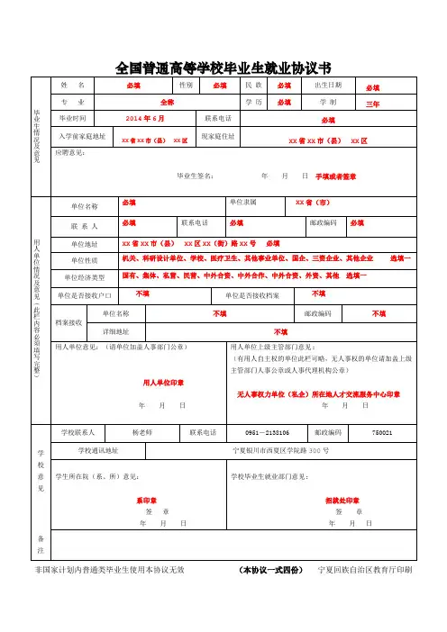 毕业生就业协议书(填写模板)
