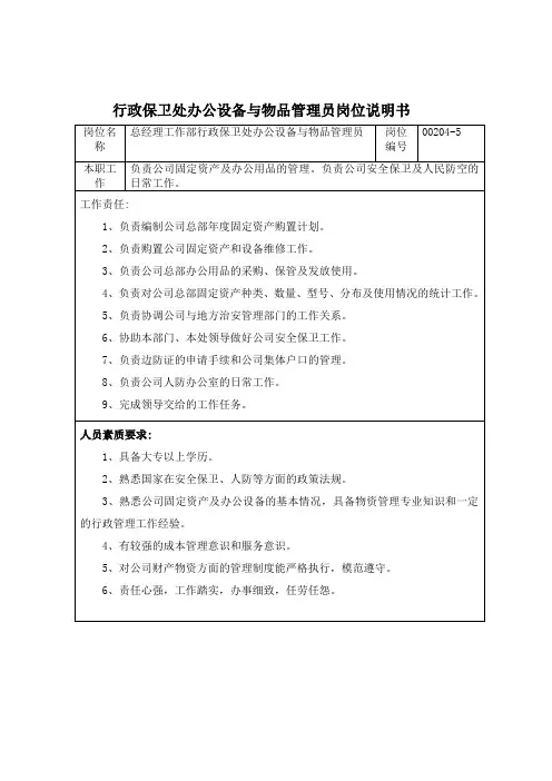 行政管理部门岗位职务说明书6000008)