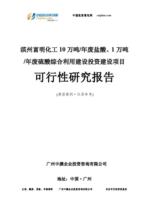 滨州富明化工10万吨 年废盐酸、1万吨 年废硫酸综合利用建设投资建设项目可行性研究报告-广州中撰咨询