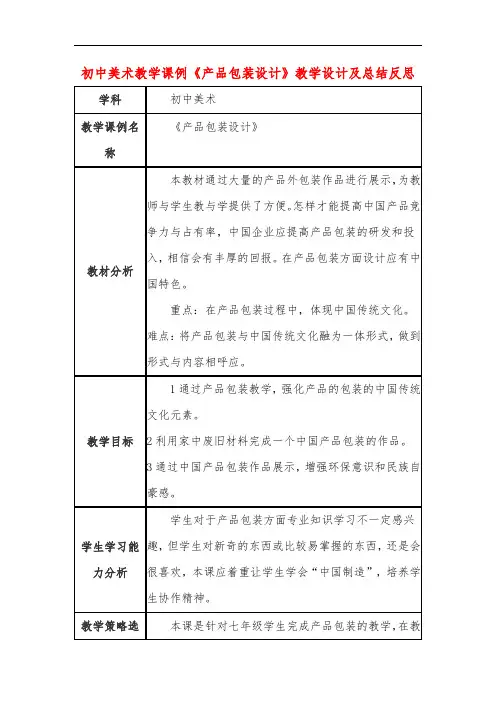 初中美术教学课例《产品包装设计》教学设计及总结反思