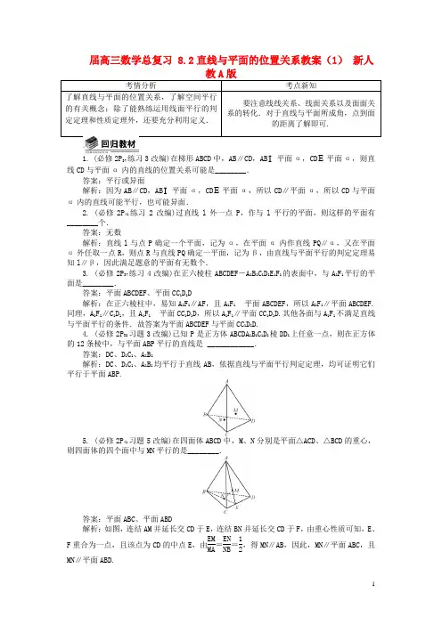 2014届高三数学总复习 8.2直线与平面的位置关系教案(1)新人教A版