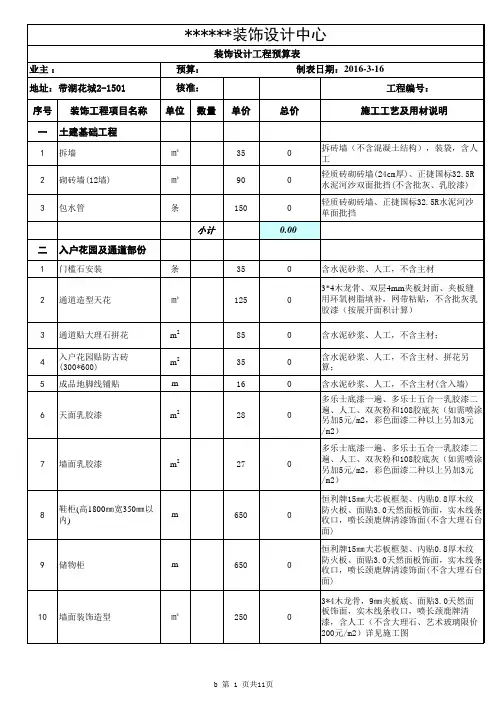 家装预算清单表格范本