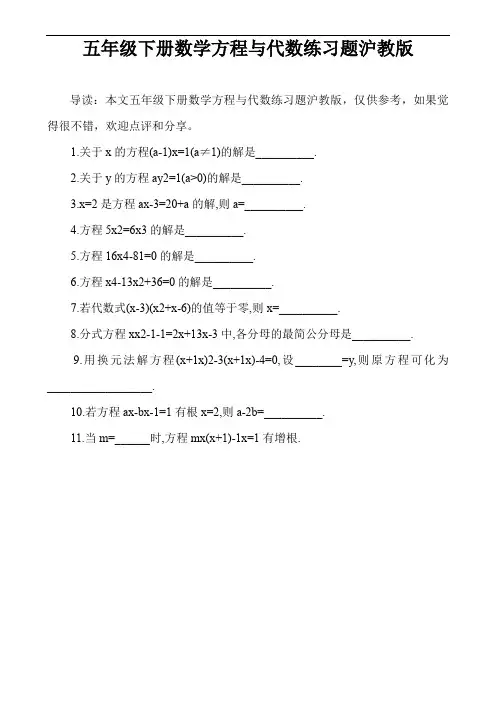 五年级下册数学方程与代数练习题沪教版