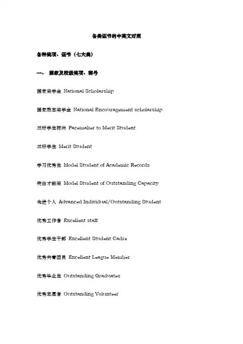 各类证书的中英文对照