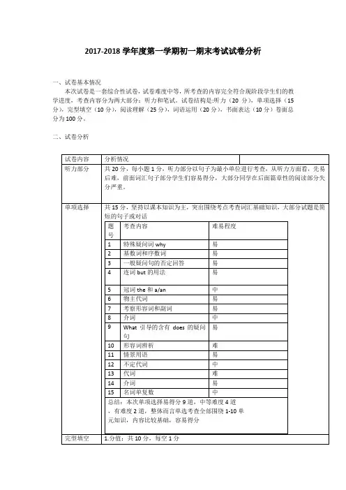 2017-2018学年度第一学期初一期末考试试卷分析