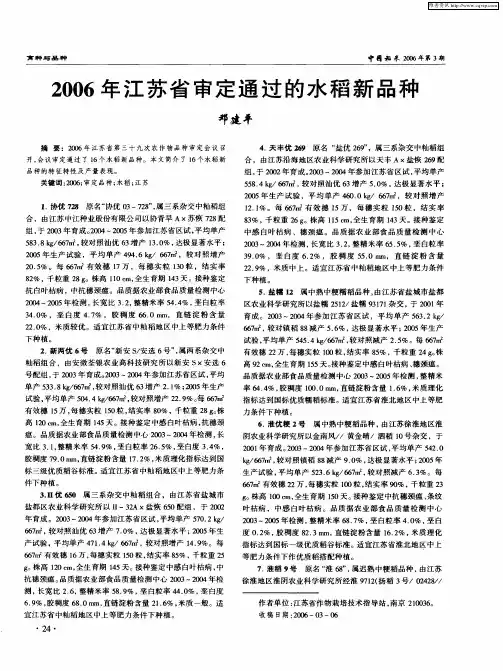 2006年江苏省审定通过的水稻新品种