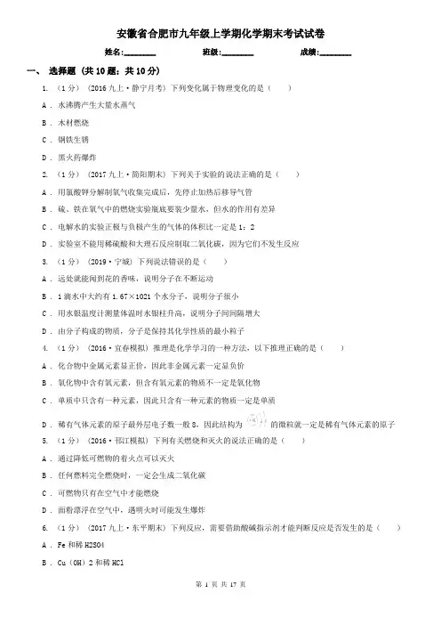 安徽省合肥市九年级上学期化学期末考试试卷