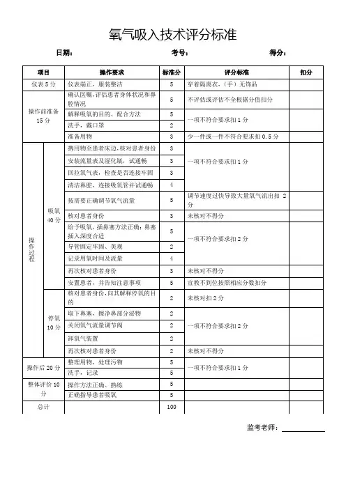 鼻导管吸氧评分标准