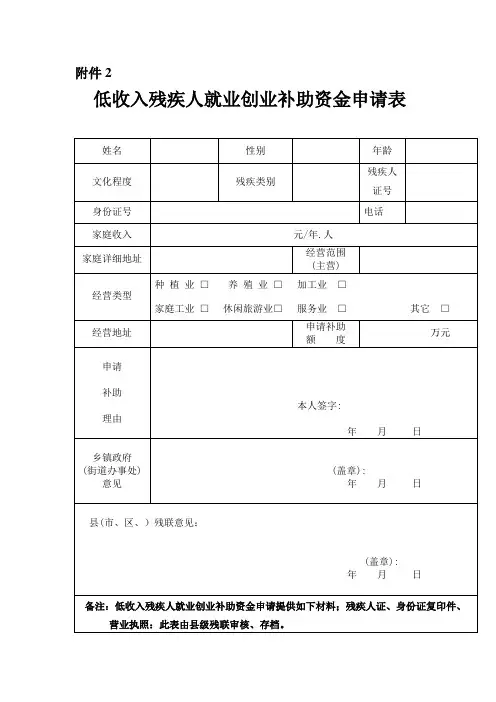 低收入残疾人就业创业补助资金申请表
