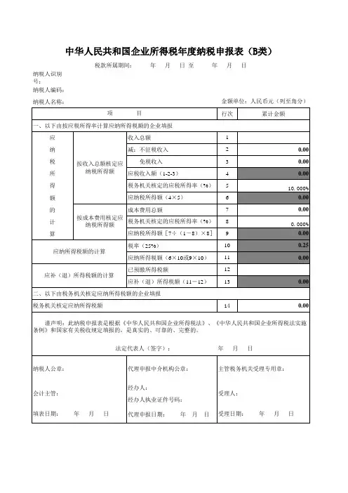 2013企业所得税B类申报表模板