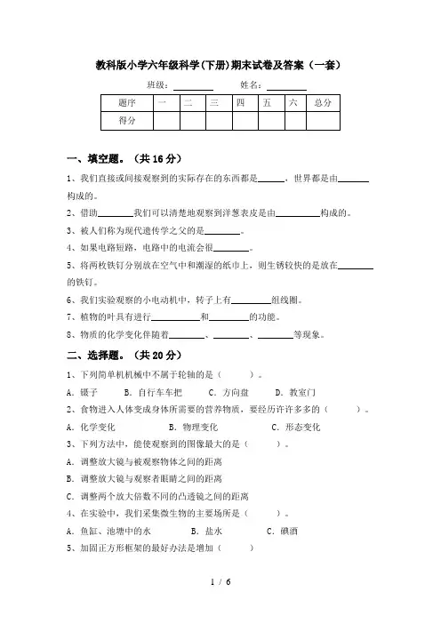 教科版小学六年级科学(下册)期末试卷及答案(一套)