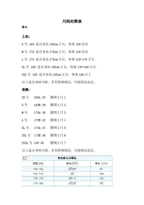 服装、鞋子尺码对照表