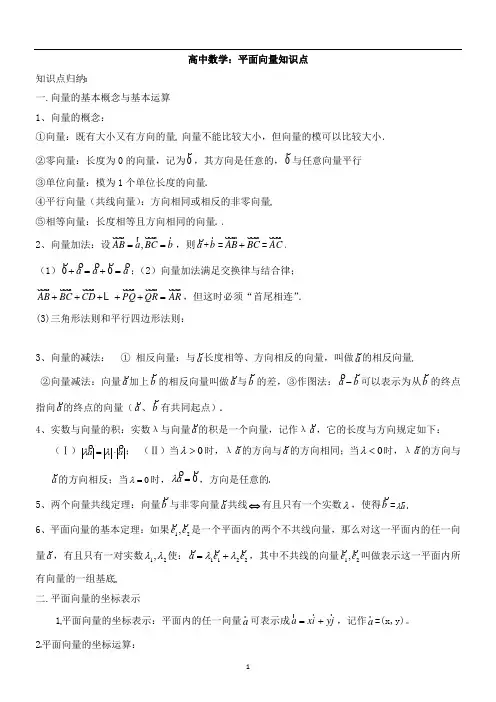 高中数学：平面向量知识点